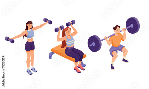 Engaging in dynamic fitness activities using dumbbells and various weights for strength training