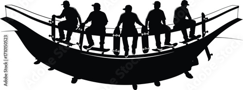 Silhouettes of five skateboarders sitting on railings with skateboards, urban skateboarding, street culture, skate park, extreme sports, youth lifestyle, action sport, outdoor activity, fun, freedom