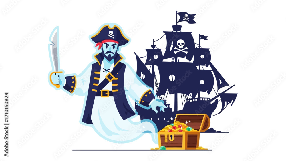 Naklejka premium Ghost Pirate with Treasure and Ship: A spectral pirate, complete with traditional attire and a gleaming cutlass, stands guard over a treasure chest.