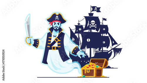 Ghost Pirate with Treasure and Ship: A spectral pirate, complete with traditional attire and a gleaming cutlass, stands guard over a treasure chest.