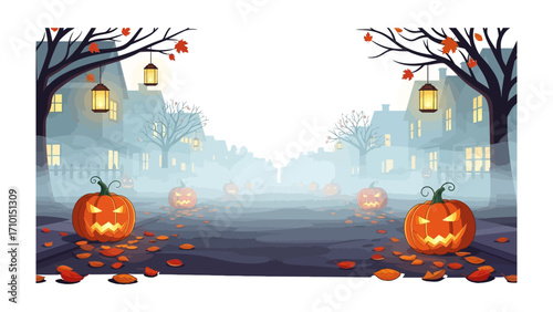 Spooky Halloween Street Scene: An evocative cartoon image of a spooky street scene, where carved pumpkin lanterns glow on a foggy night, inviting viewers into the heart of Halloween's festive essence.