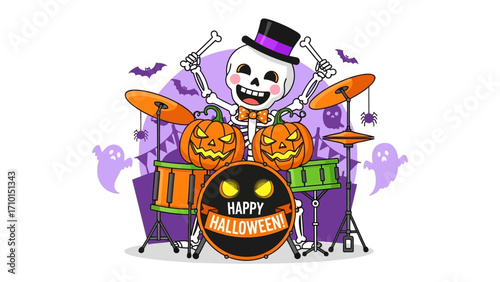Spooky Halloween Drummer: A cheerful skeleton, sporting a top hat, enthusiastically plays drums surrounded by pumpkins, bats, and other Halloween icons, ready to beat the rhythm of fright.