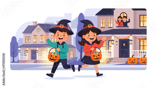 Halloween Night Fun: Two children, dressed in enchanting costumes and holding Jack-o'-lantern treat bags, skip along the street with joy on Halloween night.  Captured a perfect scene.