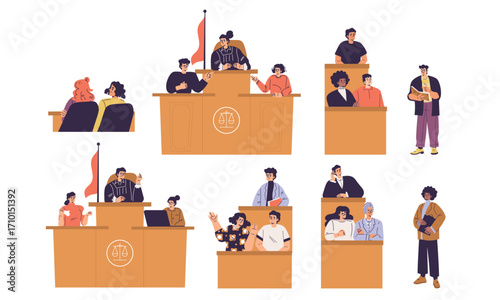 Engaging Courtroom Scenes Featuring Diverse Characters in Various Legal Roles and Contexts