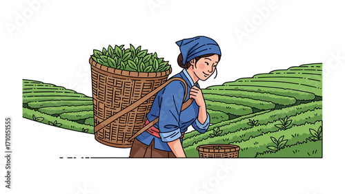 Tea Picker's Delight: A tea picker gracefully traverses lush tea fields, a woven basket brimming with fresh green tea leaves. Her serene demeanor embodies the essence of labor.