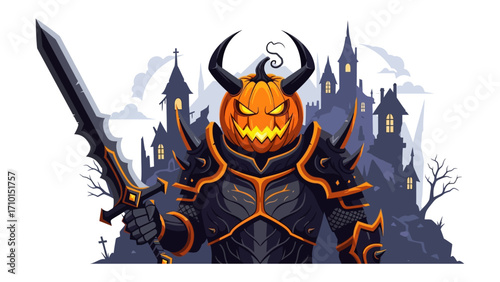 The Halloween Guardian: A formidable pumpkin-headed warrior, clad in dark armor, brandishes a menacing sword against a backdrop of a haunting castle, embodying the spirit of All Hallow's Eve.