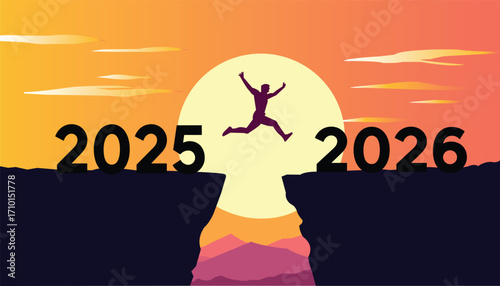Jumping from 2025 to 2026 New Year transition concept vector illustration