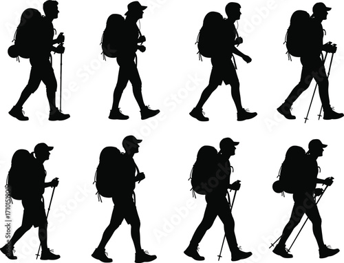 Silhouettes of hikers walking with backpacks and trekking poles, outdoor adventure, nature exploration, hiking trail, active lifestyle, mountain trekking, travel journey