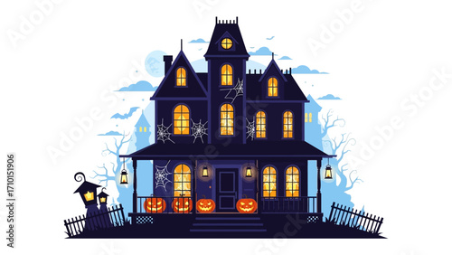 Spooky Haunted House: A dark, ominous haunted house stands silhouetted against a night sky, adorned with spooky decorations like pumpkins and cobwebs, promising thrills and chills.