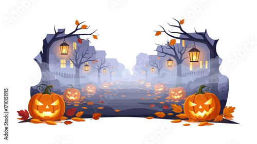 Spooky Halloween Scene: An illustrated, atmospheric portrayal of Halloween night. Featuring glowing jack-o'-lanterns and a eerie, haunted street. perfect to use for halloween season.