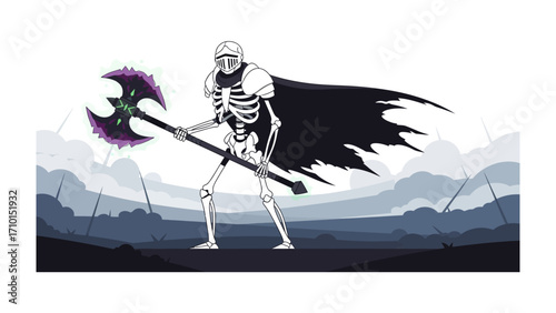 Warrior Skeleton with Axe: A fierce skeleton warrior stands ready for battle, armed with a menacing axe, its bony frame clad in armor, and a flowing cape set against a misty battlefield backdrop. 