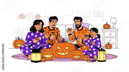 Halloween Gathering: A family engages in a classic Halloween activity with a collection of carved pumpkins, showcasing the spirit of the holiday.