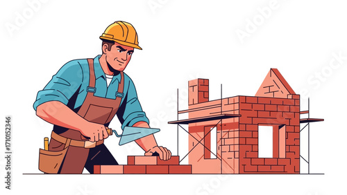 Artisan Crafting: A skilled construction worker meticulously lays bricks, embodying craftsmanship and dedication to building a structure. 