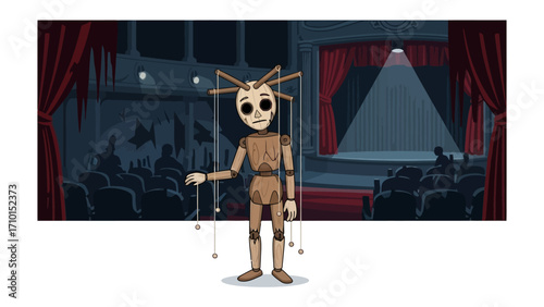 Puppet's Theatrical Prelude: A wooden puppet, poised against a dramatic theater backdrop, with the stage in front, exuding an air of anticipation and enchantment.