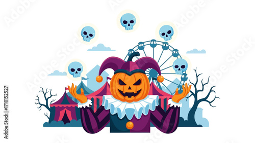 Haunted Carnival Illustration: A whimsical illustration of a festive yet eerie carnival scene, featuring a jack-o'-lantern jester.