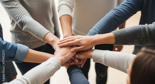 A diverse group of people with their hands stacked in a circle, symbolizing unity, teamwork, and collaboration in a closeup shot