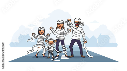 Mummy Family on the Street: A family dressed as mummies walks along a street, embodying the spooky and playful spirit of Halloween.