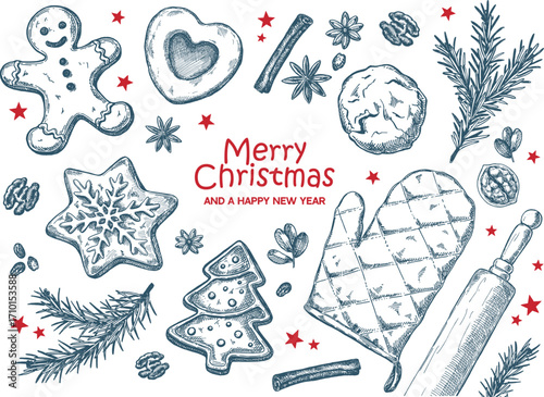 Hand drawn vector illustration of Christmas cookies and baking tools in vintage ink style. Includes gingerbread man, star, heart, tree, cinnamon, anise, fir branches, and festive greeting.