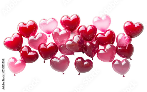 Red and pink balloons in heart shapes floating gracefully as a romantic decoration symbolizing love and celebration for special occasions isolated on transparent background PNG
