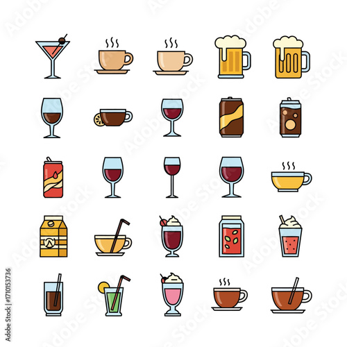 Collection of various beverage icons, including cocktails, coffee, beer, wine, and soft drinks.
