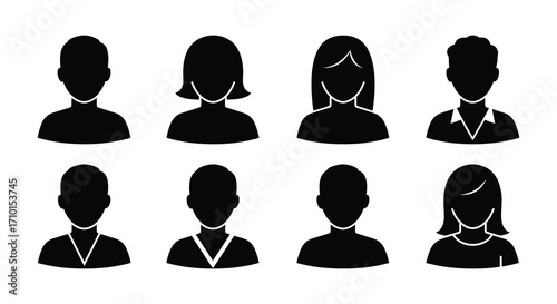 Diverse group of simple black silhouette human profile icons displayed together