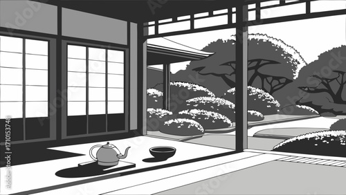 Tranquil Tea Ceremony View from Interior Peaceful Garden Scene Monochrome Illustration.