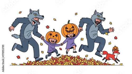 Halloween Family Run: A heartwarming illustration showcases a playful family dressed in Halloween costumes, joyfully running amidst a pile of colorful autumn leaves. 