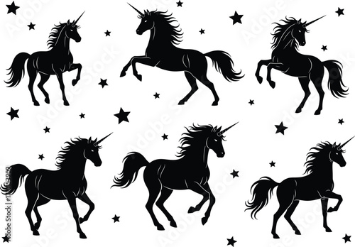 Silhouettes of magical unicorns with flowing manes, rearing and prancing, surrounded by stars, fantasy mythical creatures, magical horse vector art.