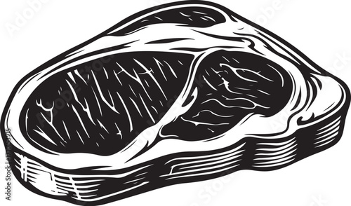 Beef Steak Meat Vector Illustration, Sketch Drawing Line Linear Symbol Icon Engraving Coloring Book, Hand-drawn Doodle Black and White Isolated