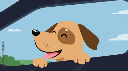 Happy dog looking out of car window while riding in car. Pet travel and adventure. Animal enjoying road trip landscape. Vector flat illustration