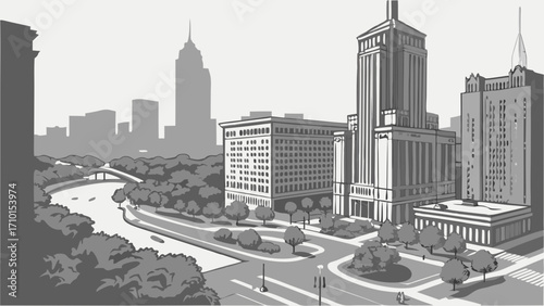 Urban cityscape architectural illustration grayscale city buildings modern architecture downtown urban landscape aerial view high rise buildings skyscrapers city planning urban design.