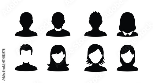 Collection of diverse black silhouette profile icons representing people and faces