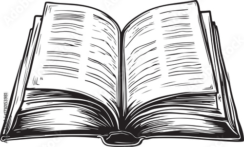 Open Book Reading Literature Knowledge Studying Vector Illustration, Sketch Drawing Line Linear Symbol Icon Engraving Coloring Book, Hand-drawn Doodle Black and White Isolated