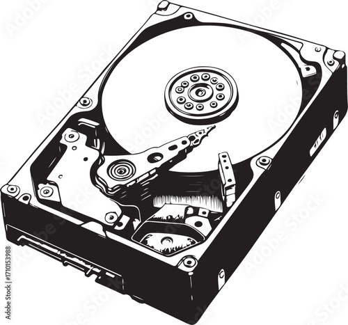 Hard Drive Computer Data Memory Storage Vector Illustration, Sketch Drawing Line Linear Symbol Icon Engraving Coloring Book, Hand-drawn Doodle Black and White Isolated