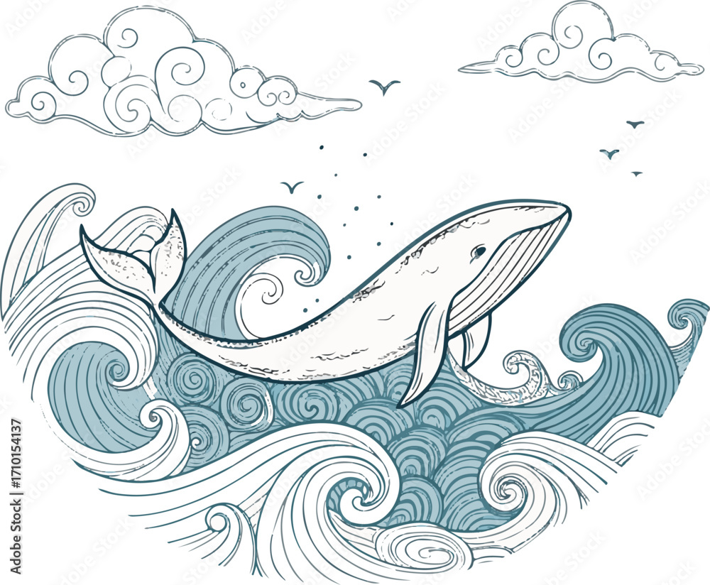 Fototapeta premium Whale Illustration with Ocean Waves and Clouds