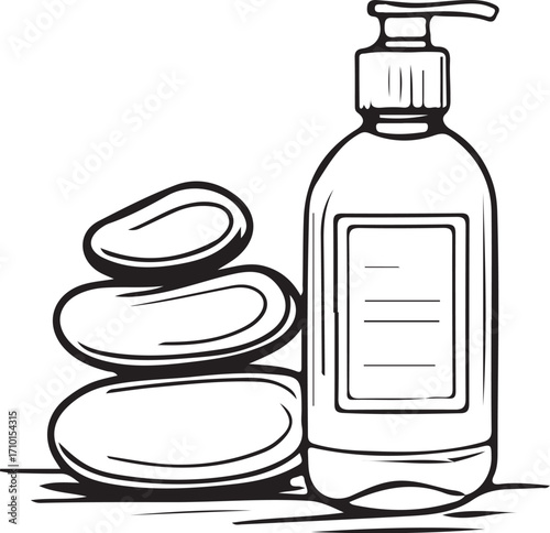 SPA Stones Lotion Vector Illustration, Sketch Drawing Line Linear Symbol Icon Engraving Coloring Book, Hand-drawn Doodle Black and White Isolated