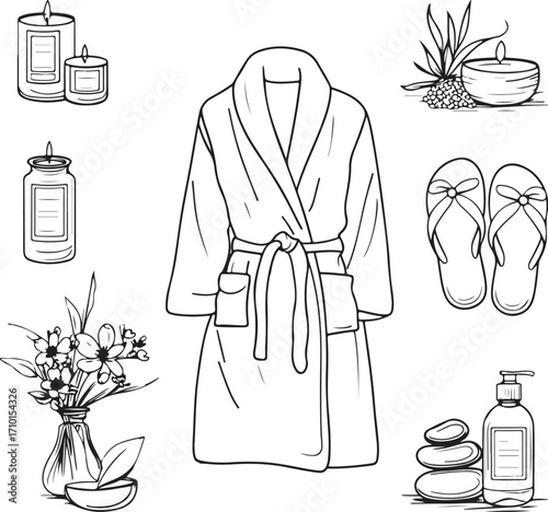 SPA Bath Items Essentials Bathrobe Robe Slippers Candle Stones Lotion Vector Illustration, Sketch Drawing Line Linear Symbol Icon Engraving Coloring Book, Hand-drawn Doodle Black and White Isolated