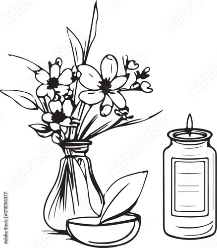 SPA Aromatherapy Candle Doodle Vector Illustration, Sketch Drawing Line Linear Symbol Icon Engraving Coloring Book, Hand-drawn Black and White Isolated