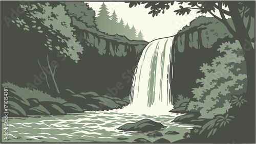 Waterfall in lush green forest nature illustration cascade river stream scenic view tranquil scene peaceful landscape greenery foliage trees rocks water wilderness environmental art.