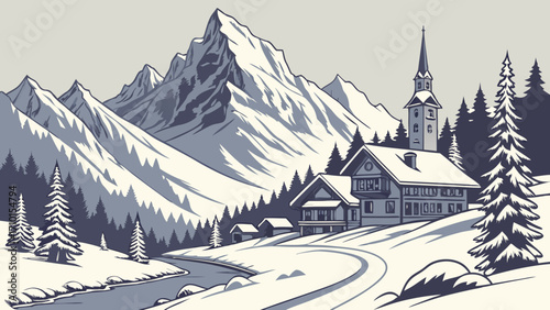 Winter Mountain Village Scene Snowy Landscape with Church and Houses Illustration.