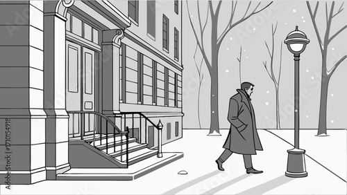 Winter scene man walking in snow monochrome illustration urban landscape cold weather snowy street building exterior winter fashion grayscale drawing street lamp steps winter day pede.