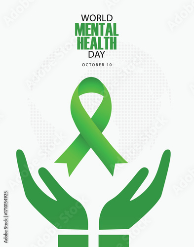 World Mental Health Day awareness poster with symbolic green ribbon and hands