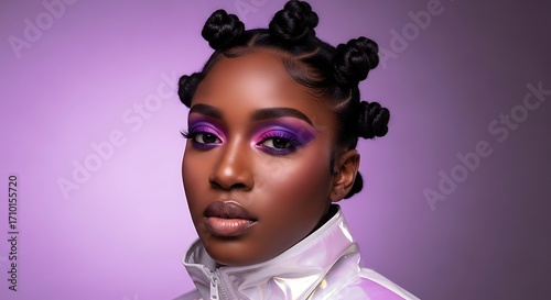 A young black woman with her hair styled in bantu knots, wearing vibrant purple eyeshadow and a white and pink jacket, posing against a soft purple gradient background