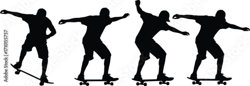 Silhouettes of male skateboarder performing tricks, action sequence, urban sports, skateboarding, street style, extreme sport, youth activity, dynamic movement
