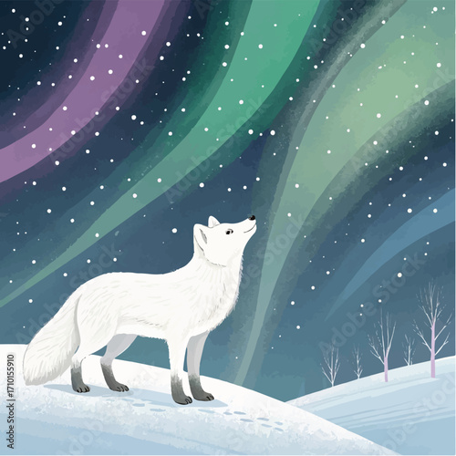 Arctic Fox Under Northern Lights – Winter Wildlife Illustration