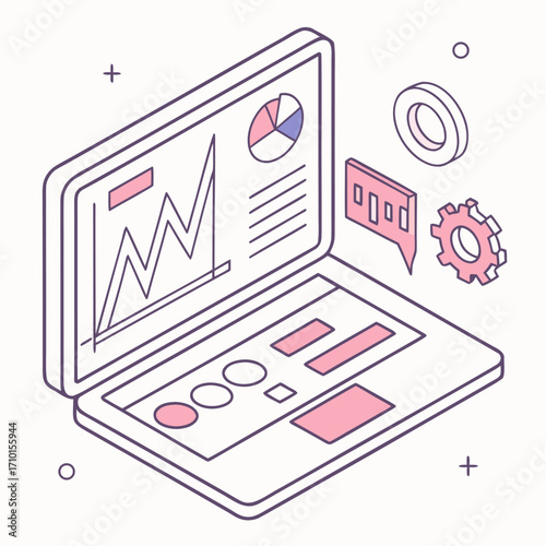 Flat pastel icon of a laptop displaying charts and graphs