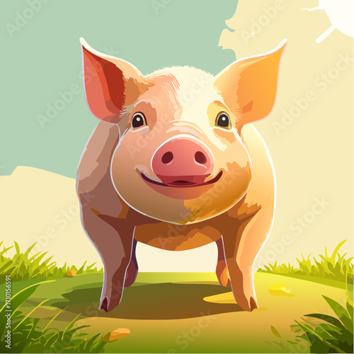 3D Schwein, stehend auf Bauernhofboden, sonnig, fotorealistisch, freundlicher Ausdruck