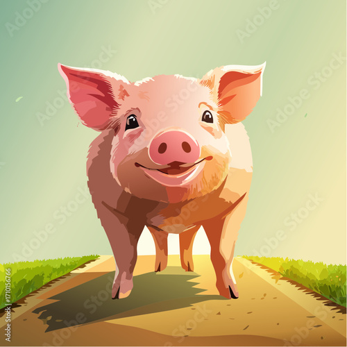 3D Schwein, stehend auf Bauernhofboden, sonnig, fotorealistisch, freundlicher Ausdruck