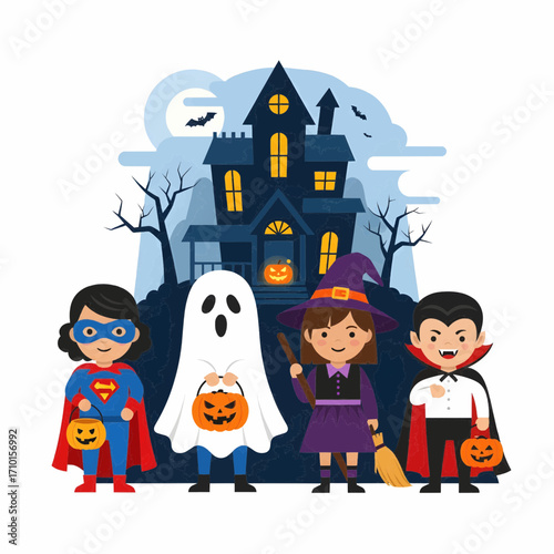 Happy Halloween! Children dressed as superheroes, ghosts, witches, and vampires trick-or-treating at a haunted house