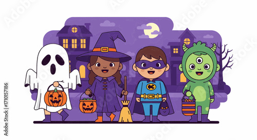 Happy children in festive Halloween costumes going trick-or-treating together at night